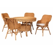 bali & pari Tucson 5-Piece Rattan Dining Set - Round Wicker Table with Scallop Edge and 4 Armchairs, Handwoven Boho Coastal Style for Dining, Kitchen or Sun Room, Light Honey